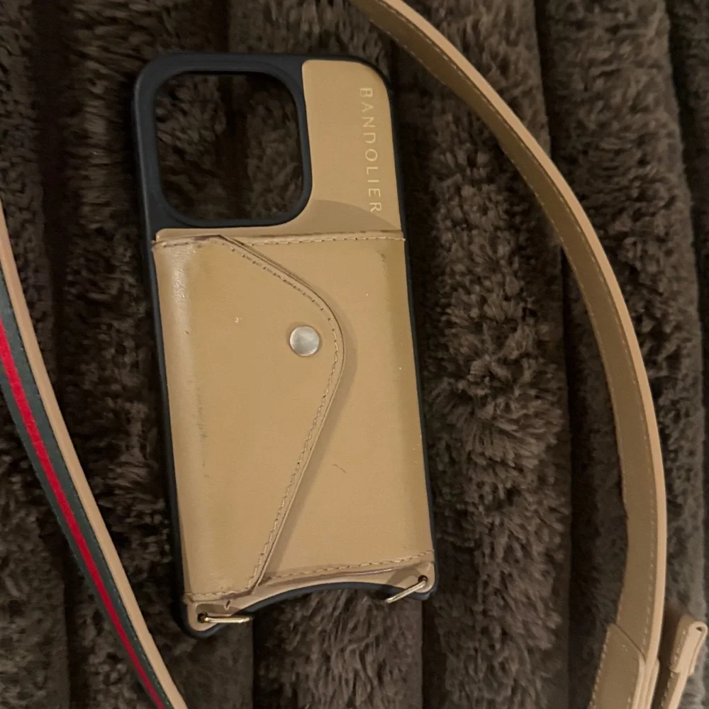 Bandolier Kimberly Crossbody Phone Case Tan with Red & Green Stripe Strap